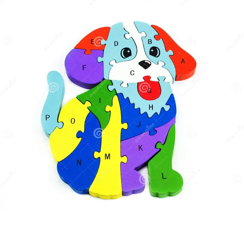 Dog Shaped Wooden Educational Alphabet & Numbers Jigsaw Puzzle