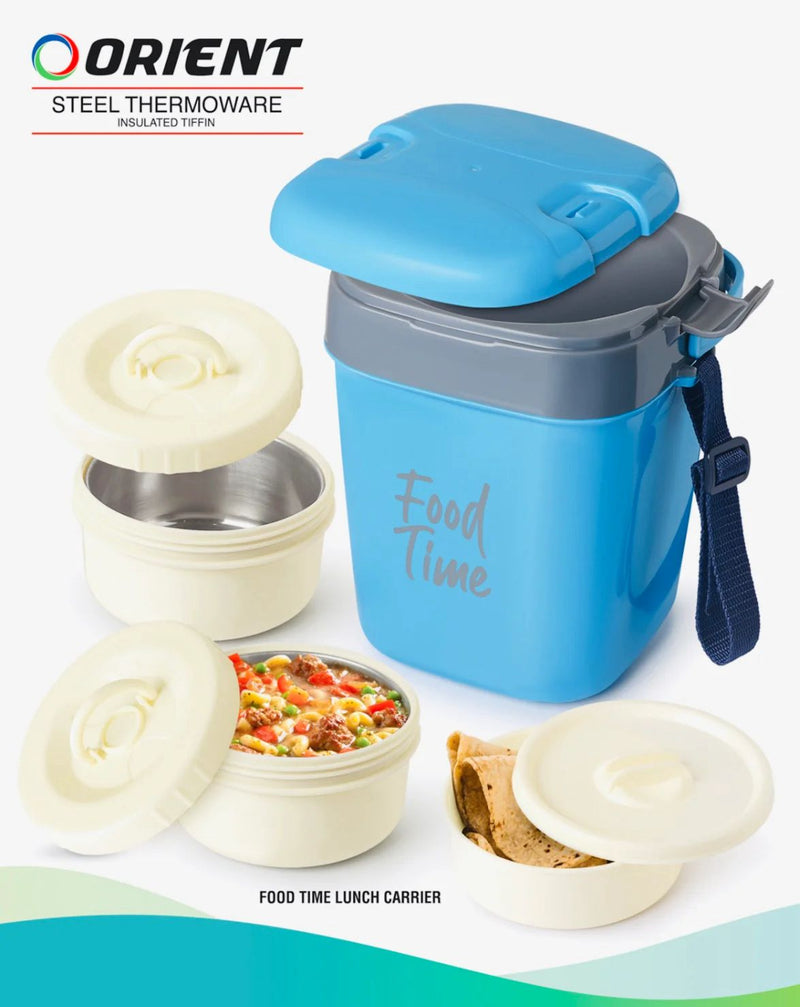 Food Time Lunch Carrier Tiffin with Handle and Strap (2 Steel Inner Bowls with 1 Salad Bowl)