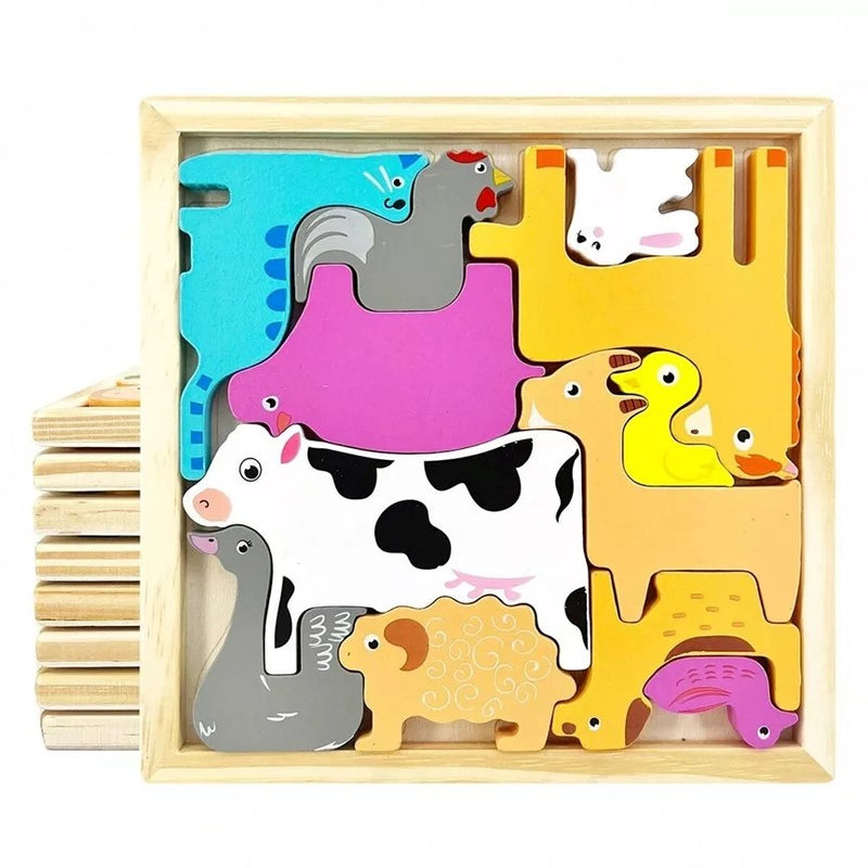 Cartoon Animal Wooden 3D Puzzles Kids Hand Grasp Board Fruit And Vegetable Vehicle Montessori Matching Puzzle Game Children Learning Educational Toys (1 pc)