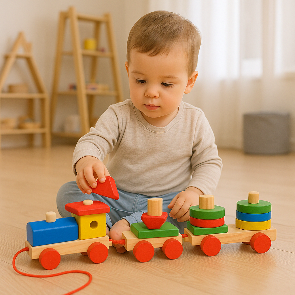 Wooden Multicolor Geometric Shapes Sorting Train