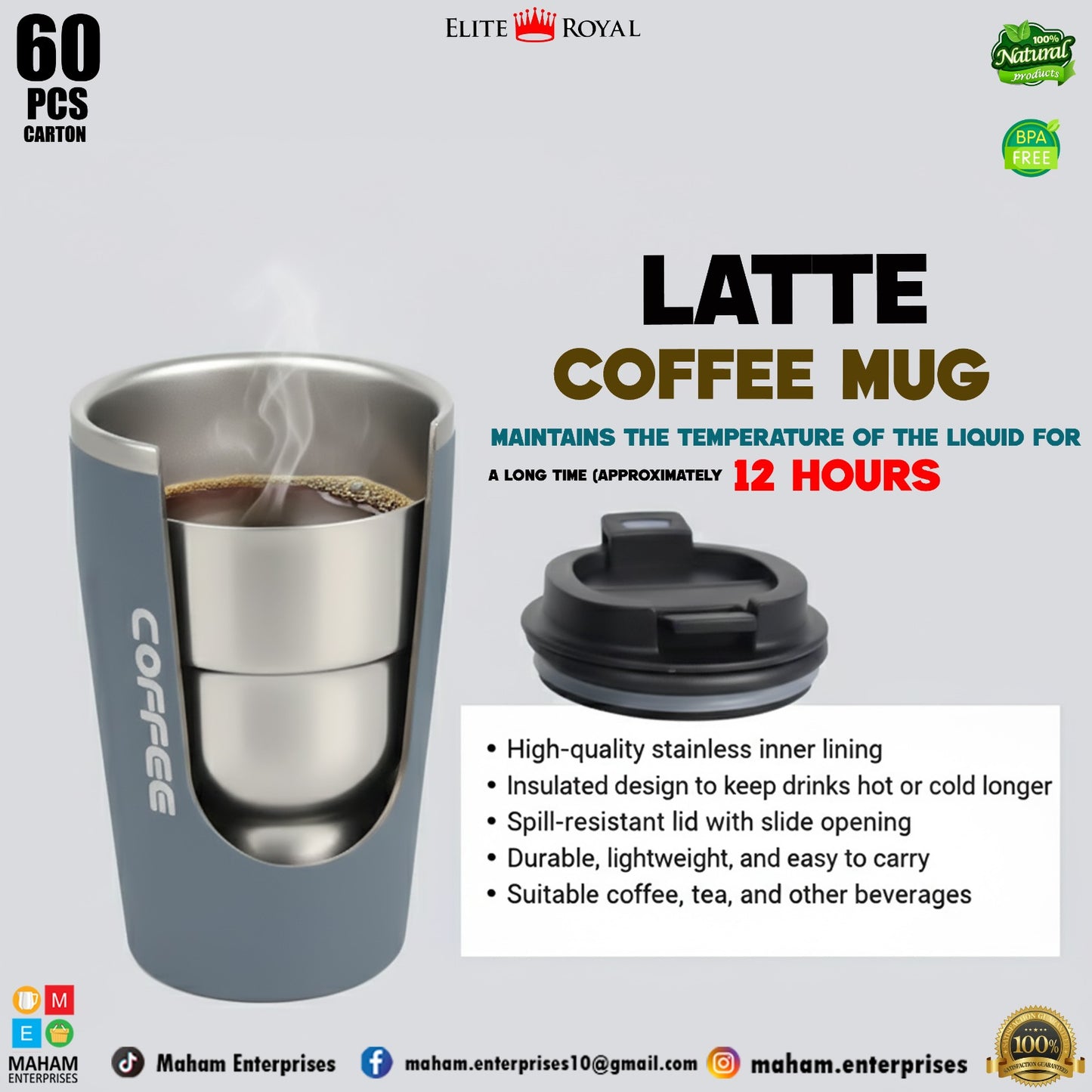 Elite Royal Insulated Coffee Mug with Flip Lid | BPA-Free Travel Cup for Hot & Cold Drinks
