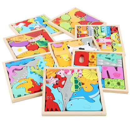 Cartoon Animal Wooden 3D Puzzles Kids Hand Grasp Board Fruit And Vegetable Vehicle Montessori Matching Puzzle Game Children Learning Educational Toys (1 pc)