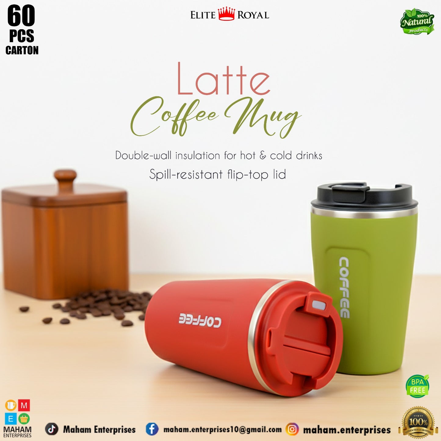 Elite Royal Insulated Coffee Mug with Flip Lid | BPA-Free Travel Cup for Hot & Cold Drinks