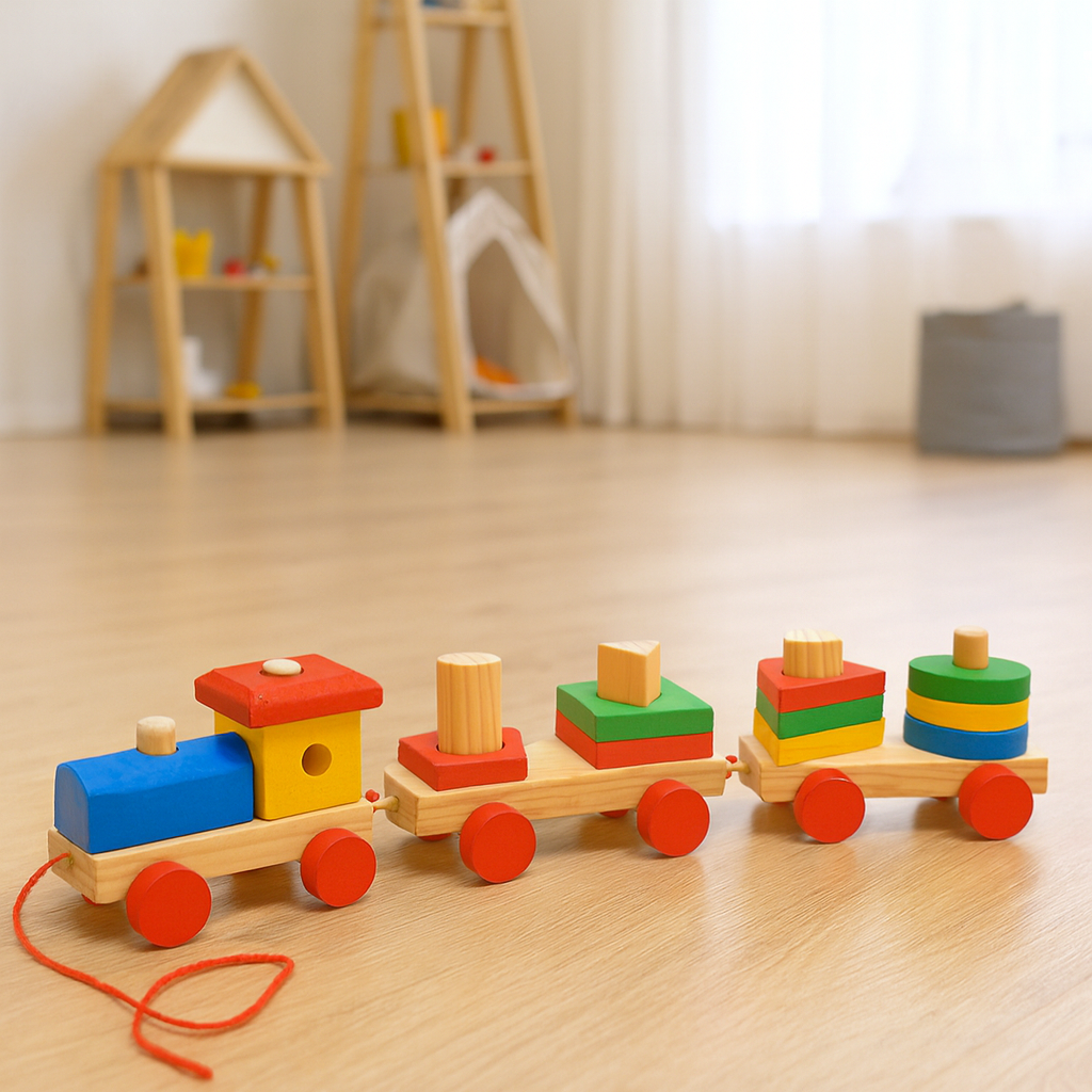 Wooden Multicolor Geometric Shapes Sorting Train